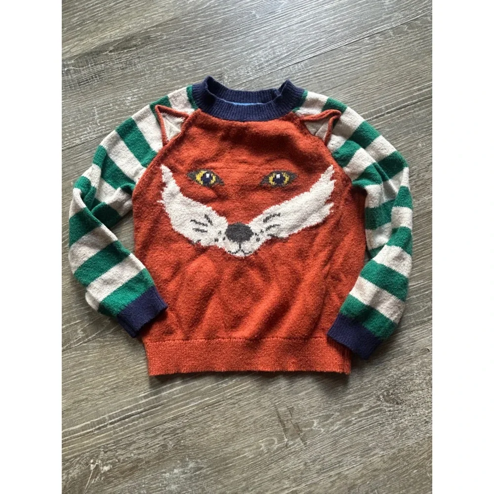 Cc4 Mini Boden Kids Orange Fox Face Intarsia Knit Sweater Striped Sleeves 4-5Y